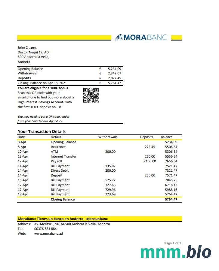 Andorra Credit Andorra wzór wyciągu bankowego w formacie Word i PDF